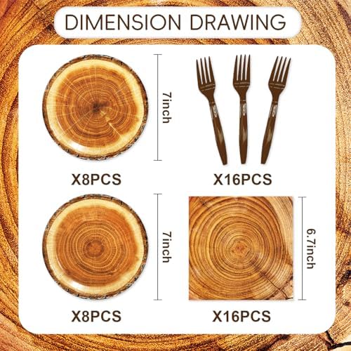 48pcs Camping Wood Grain Slice Party Decoration Set,16 Dessert plate,16 Napkin And 16 Fork,Disposable tableware for 16 persons,Used for Fire Camping Woodland Animal Lumberjack Party Supplies - Image 2