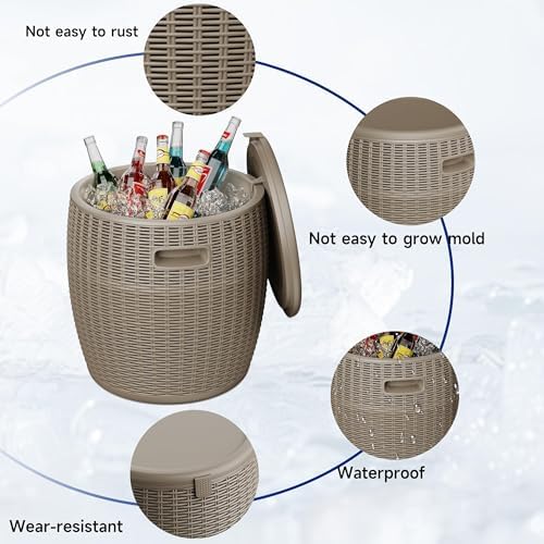 EasyUp 9.5 Gallon Outdoor Cooler Table, Wicker Round Ice Bucket for Parties, Rattan Bar Table with Top Lid Side Handles Drainage Plug, Beer Wine Cooler Side Tables for Patio, Poolside, Deck, Grey - Image 4