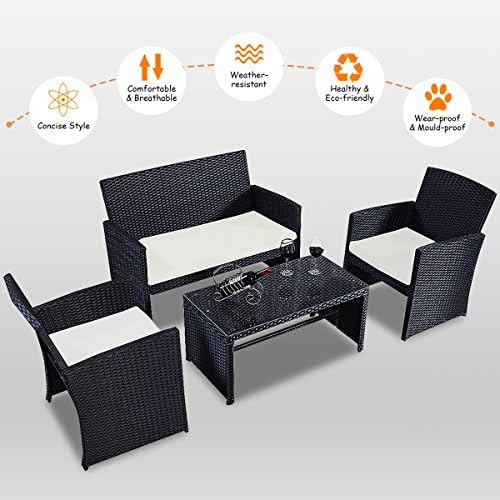 Goplus 4-Piece Rattan Patio Furniture Set, Outdoor Wicker Conversation Sofa with Weather Resistant Cushions and Tempered Glass Tabletop for Lawn Backyard Pool Garden (White(Black Wicker)) - Image 6