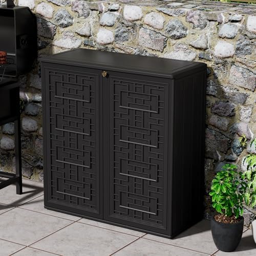 Mrosaa Outdoor Storage Cabinet Waterproof with Shelf,Resin Storage Sheds Outdoor Cabinets for tub Towels/Chemicals/Grill Items/Patio/Garden/Backyard, Size 34.3''L*15''W*36.2''H（Black） - Image 2