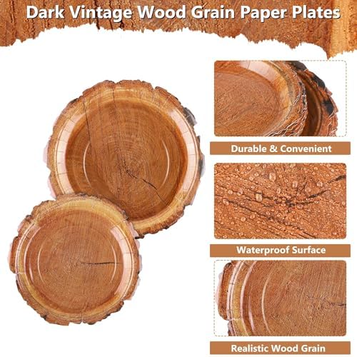 Kochorie 96 Pieces Wood Grain Slice Tableware Sets Rustic Wood Party Supplies Including Paper Plates, Napkins, Cups, Serves 24 for Camping Birthday Hunting Forest Party Decorations - Image 3