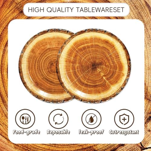 Wood Grain Slice Party Decorations 48Pcs Disposable Camping Hunting Plates Napkins Forks Supplies for Forest Baby Shower Decor Rustic Wood Slice Birthday Party Decorations - Image 3