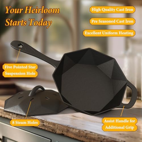 Cast Iron Skillet with Lid,Pre-seasone Mini Cast Iron Smoker Skillets & Egg Pan with Assist Handle, 6.5 Inch Octagonal Design Frying Pan for Searing, Baking, Grilling, Roasting (Skillet-1) - Image 5