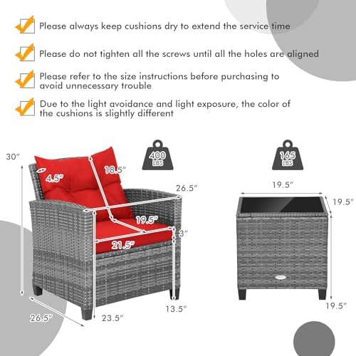 Tangkula 3 Pieces Patio Furniture Set, Outdoor PE Rattan Conversation Chair Set with Tempered Glass Side Table and Removable Cushions, PE Wicker Chairs and Table Set for Porch, Balcony and Garden - Image 6