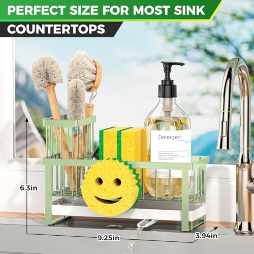 Sponge Holder for Kitchen Sink,Sink Caddy with Removable Dish Brush Holder,Self-Draining Kitchen Countertop Organizers and Storage Essentials,Soap Dispenser Organize and Home Decor-Green - Image 2
