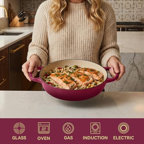 3 Quart Enameled Cast Iron Braiser, Non Stick Enameled Cast Iron Skillet with Lid, Dutch Oven Skillet with lid up to 500°F for Oven, Stove, Grill, Shallow Dutch Oven for Cook, Bake (Rose) - Image 4