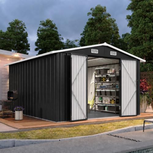 Aoxun 10x12FT Shed with Floor Galvanized Steel Outdoor Storage Shed Black by Aoxun