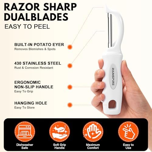 Rainspire Vegetable Peeler Potato Peelers for Kitchen, Sharp Stainless Steel Blades Veggie, Comfortable Handle Fruit Peeler, Carrot Peeler Apple Peeler Dishwasher Safe, White, 1-Pack - Image 6