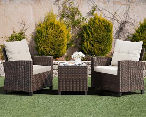 Shintenchi 3 Pieces Patio Furniture Set, PE Rattan Wicker 3 Pcs Patio Set, Outdoor Furniture Set with Two Outdoor Chairs and Table, Conversation Set for Garden, Poolside, Balcony, and Porch(Beige) - Image 2