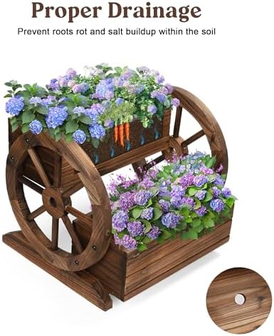 OIPRTGFJ Wooden Wagon Planter Box, Garden Planter with Wheels,Decorative Planter for Flowers Herbs Vegetables for Indoor & Outdoor Décor, Flower Cart for Patio Garden Balcony - Image 3