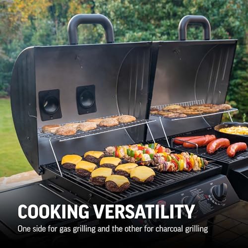 Char-Griller® Texas Trio 3-Burner Gas & Charcoal Grill and Smoker, Push Button to Ignite, Dual temperature Guages, Side Burner, Includes Side Firebox, 1,390 Cooking Square Inches, Black, Model# 3070 - Image 3