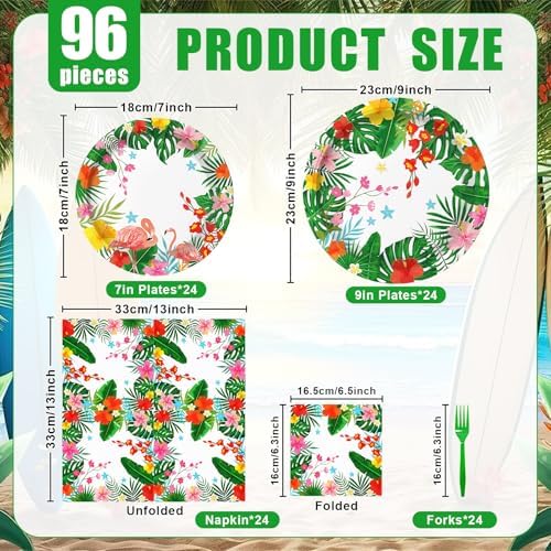 96 Pieces Hawaiian Luau Party Tableware Set – Tropical Flamingo Disposable Plates, Napkins and Forks with Hibiscus Floral Design for Summer Birthday, Pool Party, Beach Party and Aloha Party Supplies - Image 2