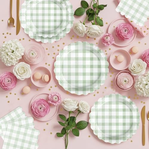 102 PCS Sage Green Gingham Party Supplies - Scalloped Plates, Napkins, Forks, Banner, Gingham Tablecloth for Baby Shower, Wedding, Birthday, Serves 25 - Image 3