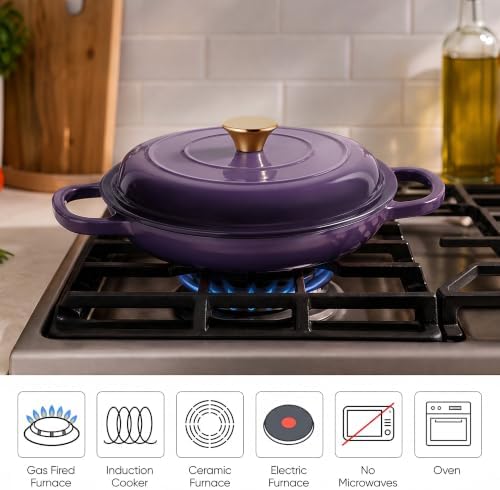 Dutch Oven Enameled Cast Iron with Lid - Big Dual Handles - Oven Safe up to 500°F - Classic Round Pot for Versatile Cooking 3 QT Shallow Pot Purple - Image 4