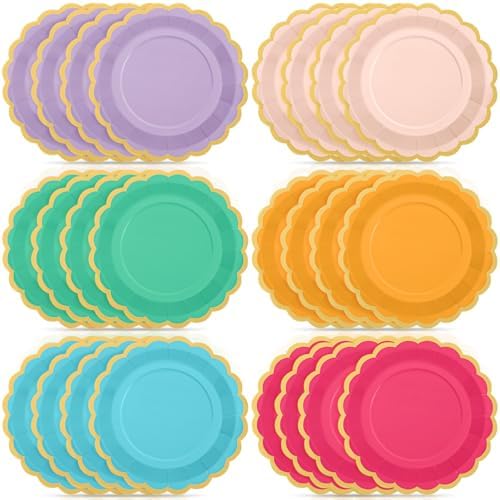 48 Pcs Candy Rainbow Paper Plates 9 Inch Scalloped by Tiangrid