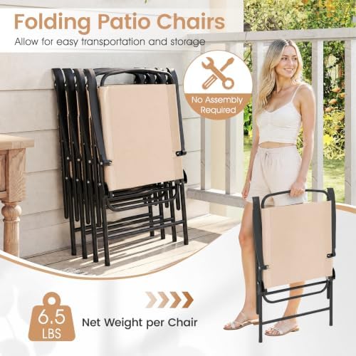 Tangkula 6 Pieces Patio Dining Set with Umbrella, Outdoor Table and Chairs Set with 4 Folding Armchairs and Round Tempered Glass Table for Garden, Deck, Lawn and Backyard (Beige) - Image 5