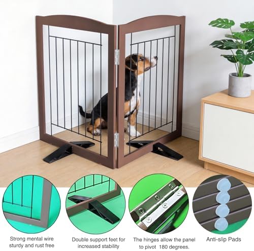 ZJSF Freestanding Dog Fence Indoor, Foldable Dog Gate for Doorways, Stairs or Hallways, Sturdy Wood Extra Wide Pet Gate with Support Feet for The House, Brown, 32 "Height-2 Panels - Image 5