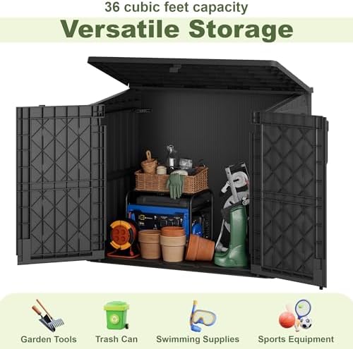 36 Cu Ft Horizontal Resin Storage Shed, Weatherproof Outdoor Storage Cabinet with Dual Lock Door, Fits Small Trash Cans, Generators, & Garden Tools, Matte Black - Image 6