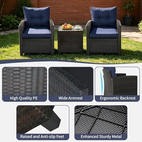 3 PCS Patio Wicker Conversation Set Sofa Table Dark Blue Cushion - Image 5