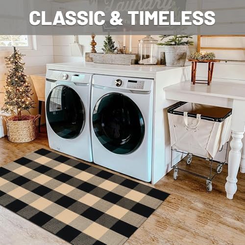 IOHOUZE 27.5x43 Buffalo Plaid Rug, Washable Outdoor Door Mat, Tan Black - Image 3