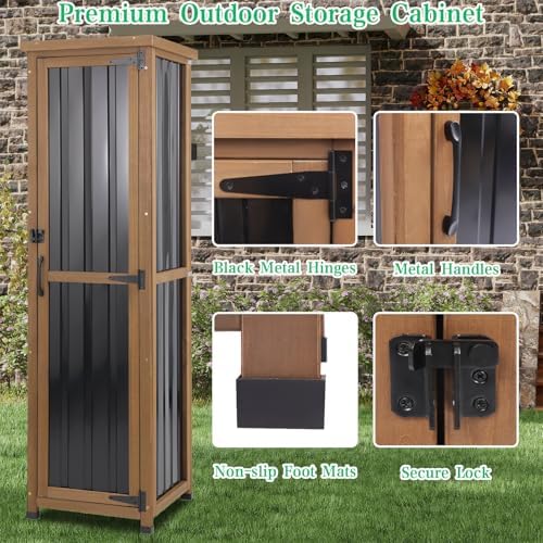 Tall Outdoor Storage Cabinet, Weatherproof Wooden Garden Potting Bench with Metal Top & Adjustable Shelves, Outdoor Patio Cabinets Work Station for Balcony, Pool, Garage - Image 5