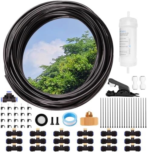 Misting Cooling System, 52FT (16M) Misting Line + 18 Brass Mist Nozzles + Water Filter + Brass Adapter(3/4") Outdoor Mister for Patio Garden Greenhouse Trampoline Coop (Blue) by Unknown