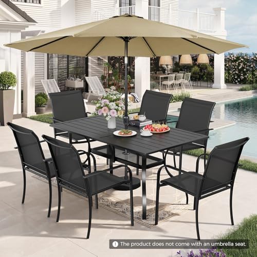 Incbruce 7 Pcs Patio Dining Set, Textilene Chairs and Rectangle Table with Brown Umbrella (Black) - Image 2