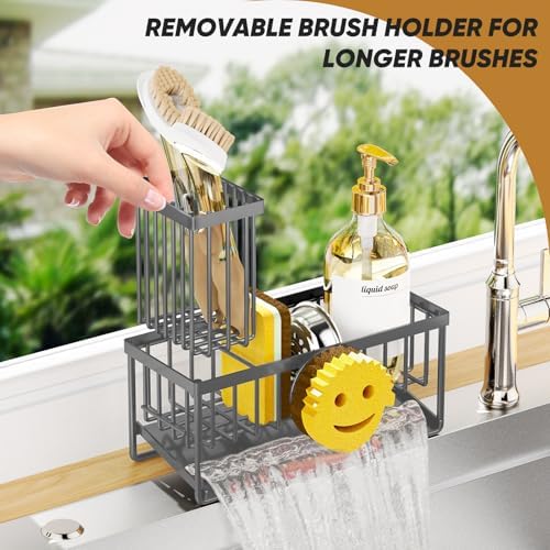 Sponge Holder for Kitchen Sink,Smiley Face Sink Caddy with Removable Brush Holder,Self-Draining Sponge Caddy for Soap,Dish Brush,Scrubber,Kitchen Essentials and Gadgets-Charcoal Gray - Image 5