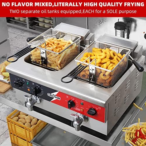 CROSSON 12L Dual Tank Countertop Electric Deep Fryer with Drain,Solid Basket and Lid for Restaurant and Home Use 120V,3600W Stainless Steel Commercial Deep Fryer (EF-6V-2) - Image 2
