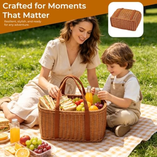 Shopping Wicker Basket with Handles, Handwoven Picnic Basket, Portable Storage Decor for Kitchen, Home, Outdoor and Farmers Market (S) - Image 5