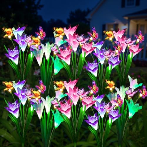 KOOPER Solar Lights Outdoor Garden Decor 10 Pack, 40 Lily Flowers and 30 Swaying Butterflies, IP65 Waterproof 7 Color Changing Solar Flower Lights for Yard Patio Pathway, Gifts for Mom Women Grandma by KOOPER