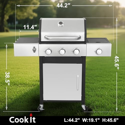 39000 BTU Output Propane Gas Grill with Side Burner and 3 Main Burners - Double-layer Stainless Steel Lid, Cast Iron Grids, Easy-Clean Grease Management & Even Heat Distribution for Perfect BBQs - Image 2