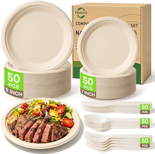 Compostable Paper Plates Set, 250PCS Disposable Heavy-Duty Sugarcane Plate by FEHHTOEco-friendlyLiving