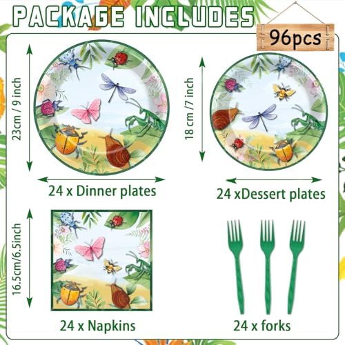 Naozinebi 96PCS Bug Party Plates Summer Bug Ladybugs Party Decoration Summer Spring Insect Tableware Set Birthday Dinnerware for Bee Butterfly Theme Supplies Decor Serve 24 - Image 2
