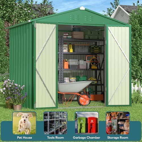 Gizoon 8 x 6 FT Outdoor Storage Shed, Galvanized Metal Garden Shed, Green - Image 4