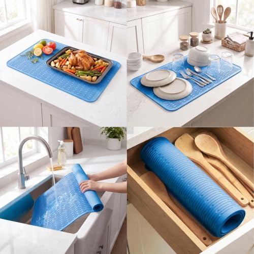 MicoYang Silicone Dish Drying Mat for Multiple Usage,Easy clean,Eco-friendly,Heat-resistant Silicone Mat for Kitchen Counter or Sink,Refrigerator or Drawer Liner Lichen BlueL 4XL 32 inches x 18 inches - Image 4