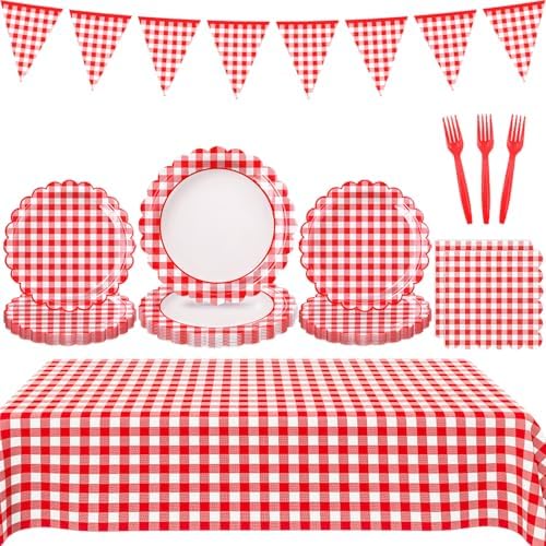 102 PCS Red Gingham Party Supplies - Christmas Scalloped Plates, Napkins, Forks, Banner, Gingham Tablecloth for Baby Shower, Birthday, Picnic Party Decorations, Serves 25 by LINHAXM