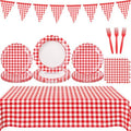 102 PCS Red Gingham Party Supplies - Christmas Scalloped Plates, Napkins, Forks, Banner, Gingham Tablecloth for Baby Shower, Birthday, Picnic Party Decorations, Serves 25 by LINHAXM