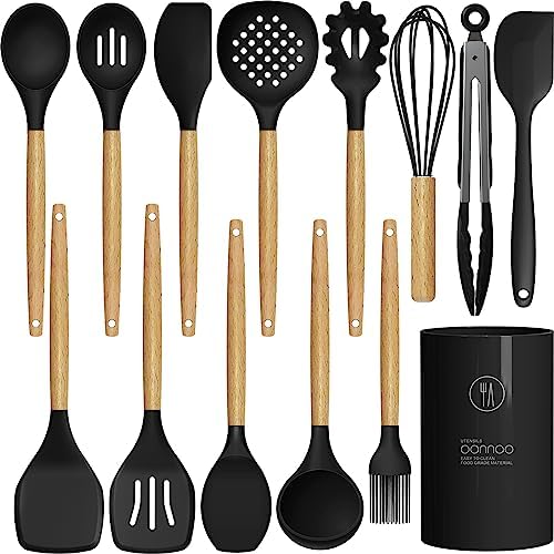 oannao Silicone Cooking Utensils Set - 446°F Heat Resistant Silicone Kitchen Utensils for Cooking,Kitchen Utensil Spatula Set w Wooden Handles, BPA FREE Gadgets for Non-Stick Cookware (Black) by oannao