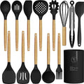 oannao Silicone Cooking Utensils Set - 446°F Heat Resistant Silicone Kitchen Utensils for Cooking,Kitchen Utensil Spatula Set w Wooden Handles, BPA FREE Gadgets for Non-Stick Cookware (Black) by oannao