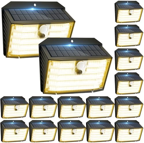 [16 Packs] Solar Motion Lights Outdoor, Ultra Bright Solar Fence Lights with Motion Sensor, IP65 Waterproof Security Light 3 Modes, 270° Lighting Angle, Wall Lights for Deck Patio Fence Garage Door by Claoner