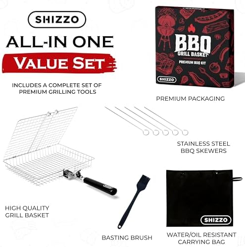 SHIZZO Grill Basket Gift Set with Skewers, Basting Brush, Gift Box - Image 3