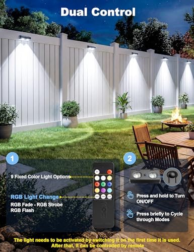 JOFIOS Fence Lights Solar Powered with Remote, 9 Fixed Colors 12 Modes, Solar Fence Lights Outdoor Waterproof, Warm/Cool White, RGB LED Deck Lights for Yard/Railing/Balcony/Patio/Stair/Outside, 8 Pack - Image 3