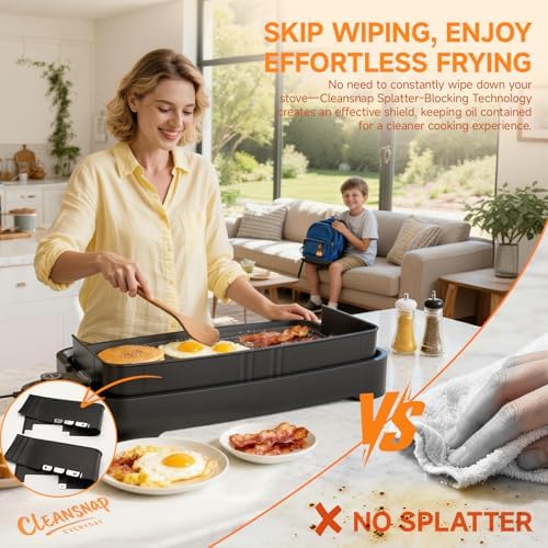 Cleansnap Everyday Electric Griddle, 20” Nonstick Grill with Foldable Anti-Mess Shield, 1700W Fast Heating, ILAG Ultimate Coating, Dishwasher-Safe Removable Plate, Midnight Black - Image 4