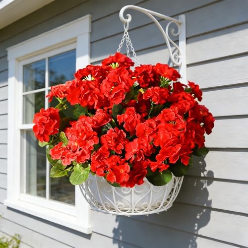 Fake Outdoor Flowers, 6 Pcs Artificial Flowers for Outdoors, Red Artificial Geraniums Plastic Flowers, Fake Plant for Outside, Silk Faux Flowers Outdoor Planters UV Resistant for Front Porch - Image 4