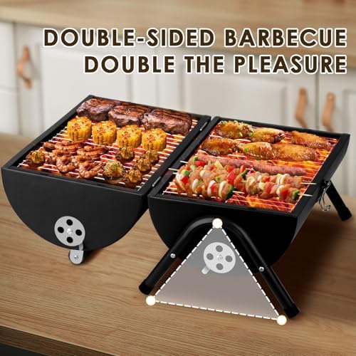 Portable bbq Charcoal Grill Small Folding Table Top Charcoal Grill for Outdoor Camping Two Side Carbon Smoker Griller with bbq Grill Brush and Metal Tongs (Black) - Image 4