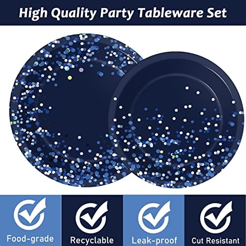 96 Pcs Blue and Silver Party Supplies Dot Confetti Paper Plates Sparkly Glitter Theme Party Decoration Confetti Party Tableware Set Bridal Shower Birthday Party Paper Plate Napkin Fork 24 Guests - Image 4