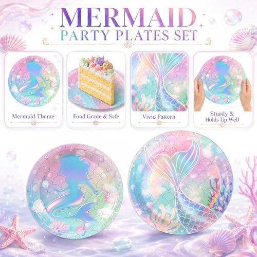 96Pcs Mermaid Party Paper Plates Napkins Set Iridescent Mermaid Birthday Supplies Holographic Disposable Dinnerware for Under the Sea Ocean Themed Birthday Gatherings Decorations - Image 3