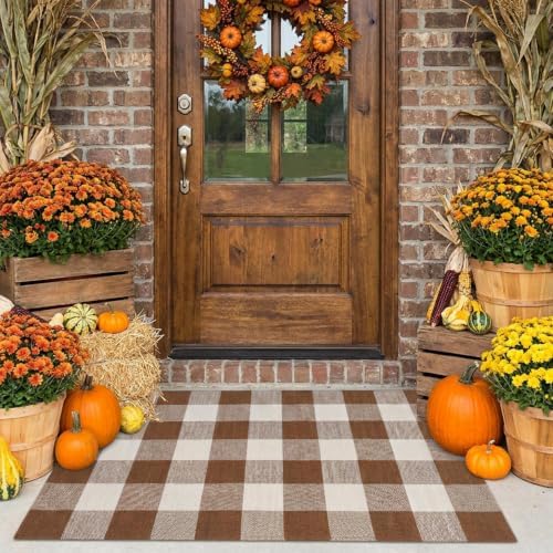 MUBIN Fall Decor Cotton Buffalo Plaid Rug, 27.5x43 Coffee White Outdoor Rug Front Door Decorative Mat, Washable Doormat Foldable Area Rug Layered Door Mats Rug for Front Porch, Entryway, Patio by MUBIN