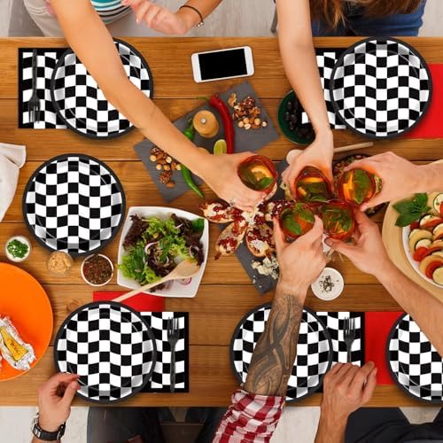 200 PCS Black and White Checkered Party Plates Napkins Race Car Birthday Cake Tableware Set for Checkered Flag Disposable Dessert Plates Forks Decor Serve 50 Guests for Racing Party Favor Supplies - Image 6